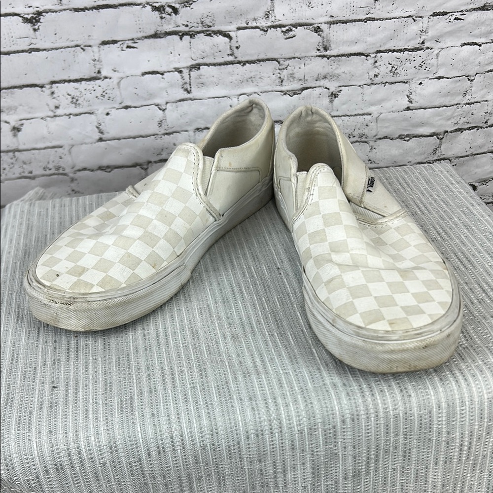 Vans | White and Tan Checkered Slip-On Shoes size 10
